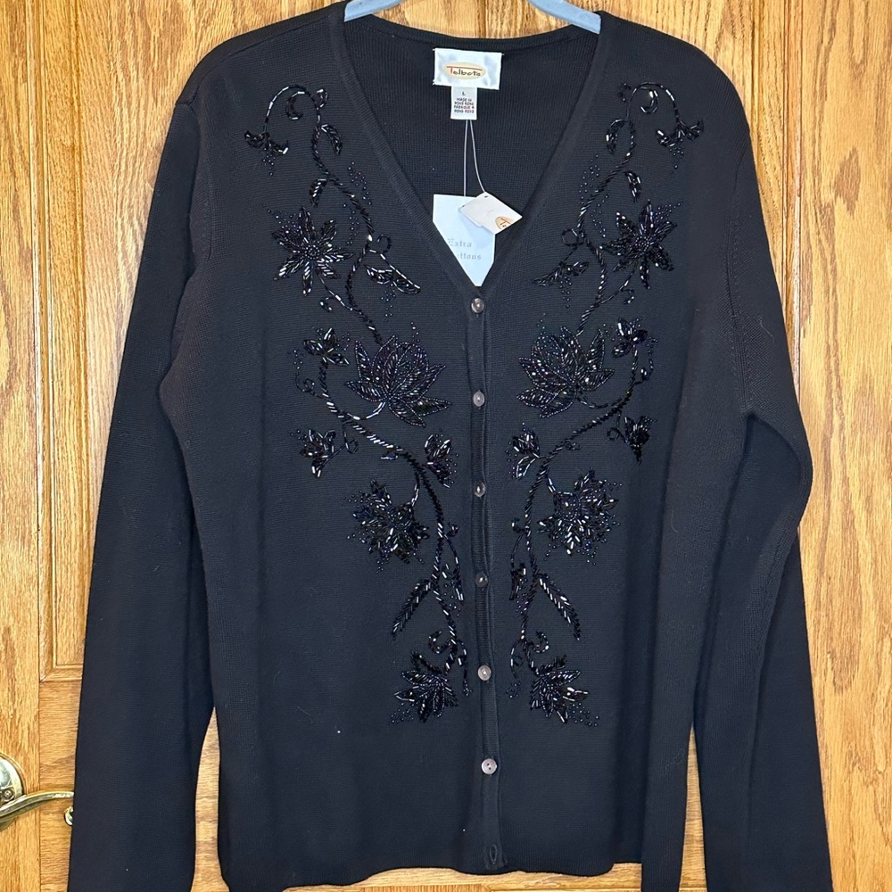 Talbots Black Holiday Cardigan with Sequins L